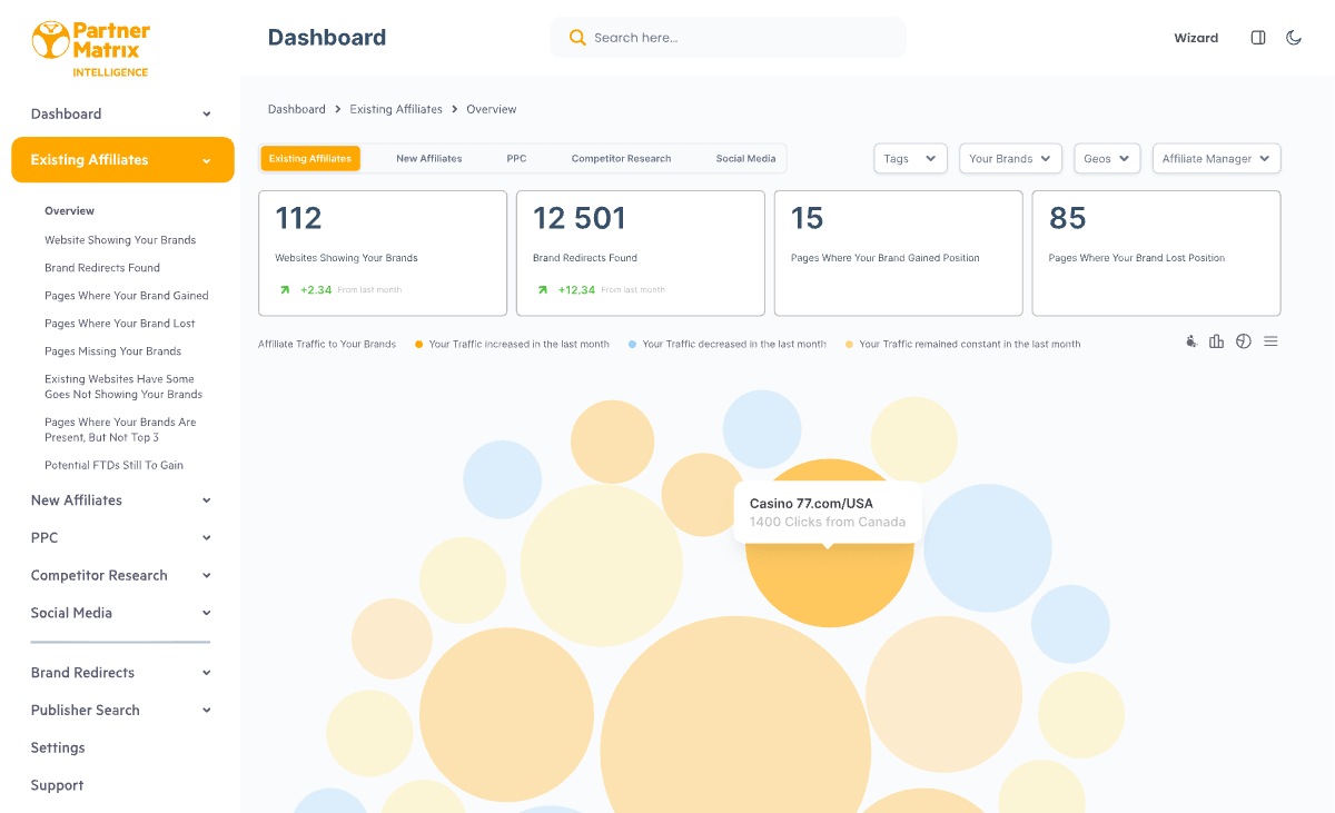 PartnerMatrix Intelligence overview of existing affiliates and websites showing your brands